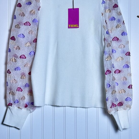 THML Heart Mesh Sleeve Top Size Medium NWT Casual Stretch Puff Sleeves - Picture 3 of 5